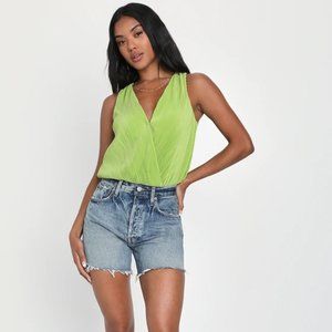 Lulu's Small Lime Green Surplice Tie-Back Sleeveless Bodysuit